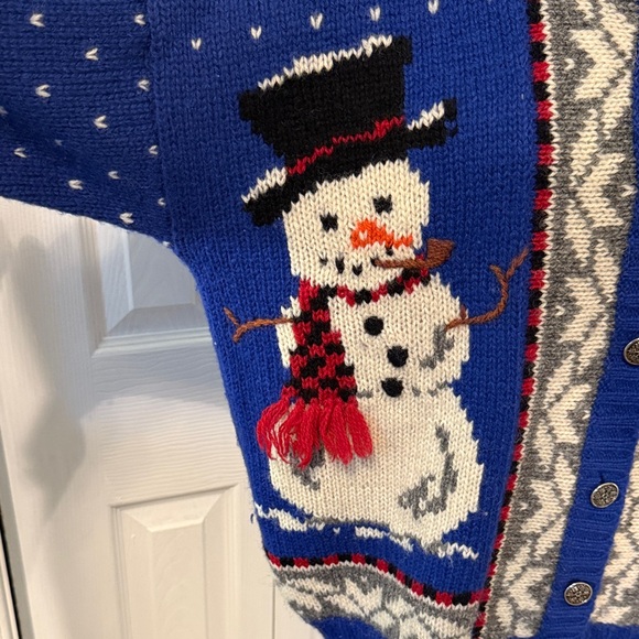 Woolrich Snowman Cardigan Sweater – Blue Knit Winter Holiday 100% Sz M - Picture 3 of 12
